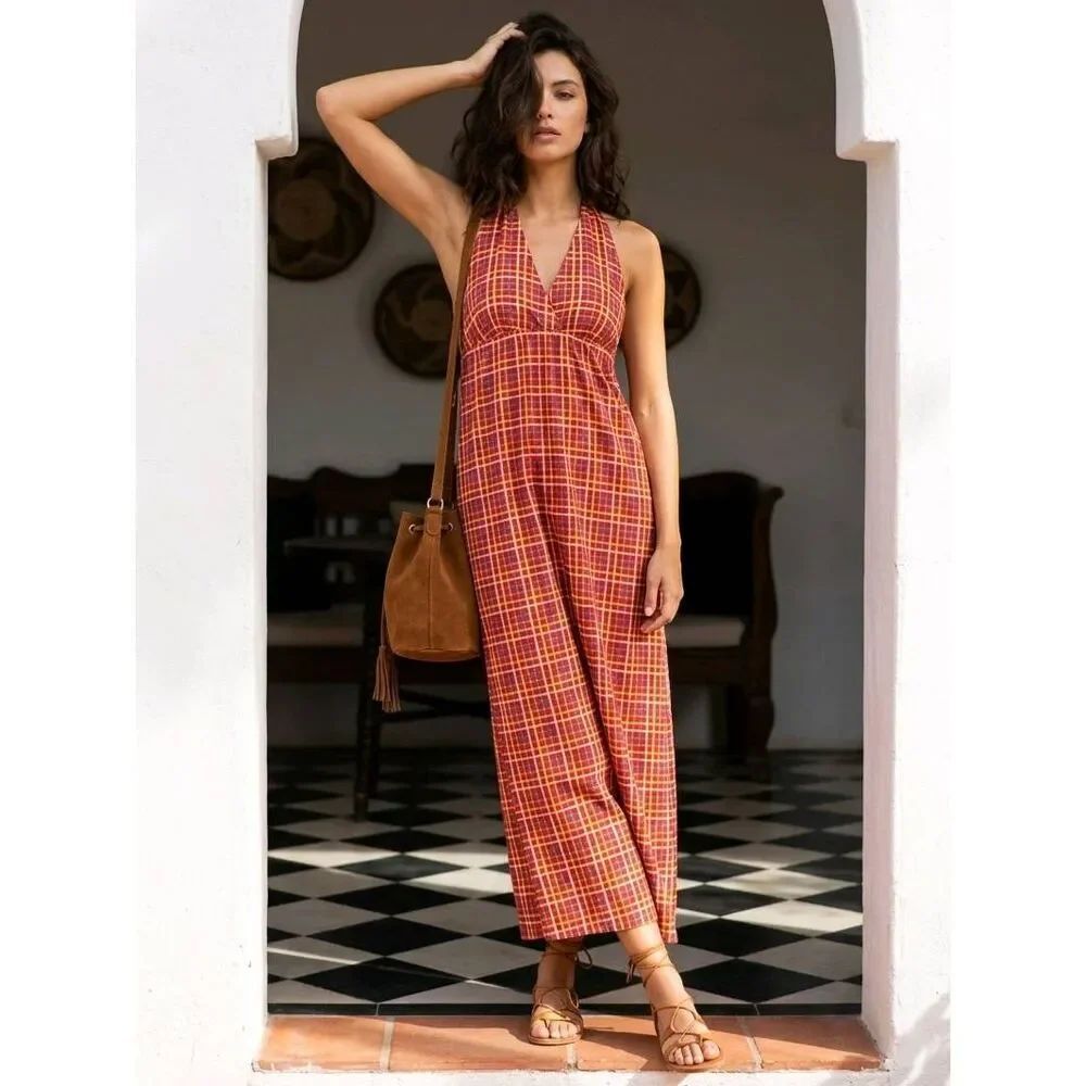 🔸️Vintage Red & Primary Colored Plaid Sleeveless Maxi Dress Small